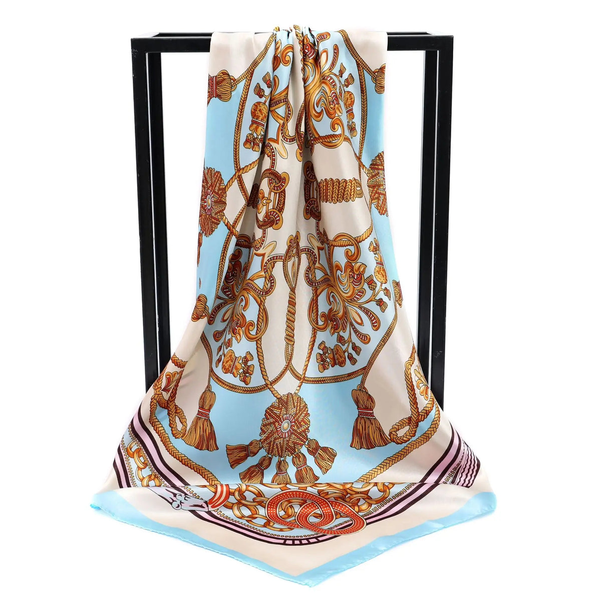 Lenço de Cetim Estampa Barroca Azul 90x90 – Bandana Feminina Correntes e Borlas