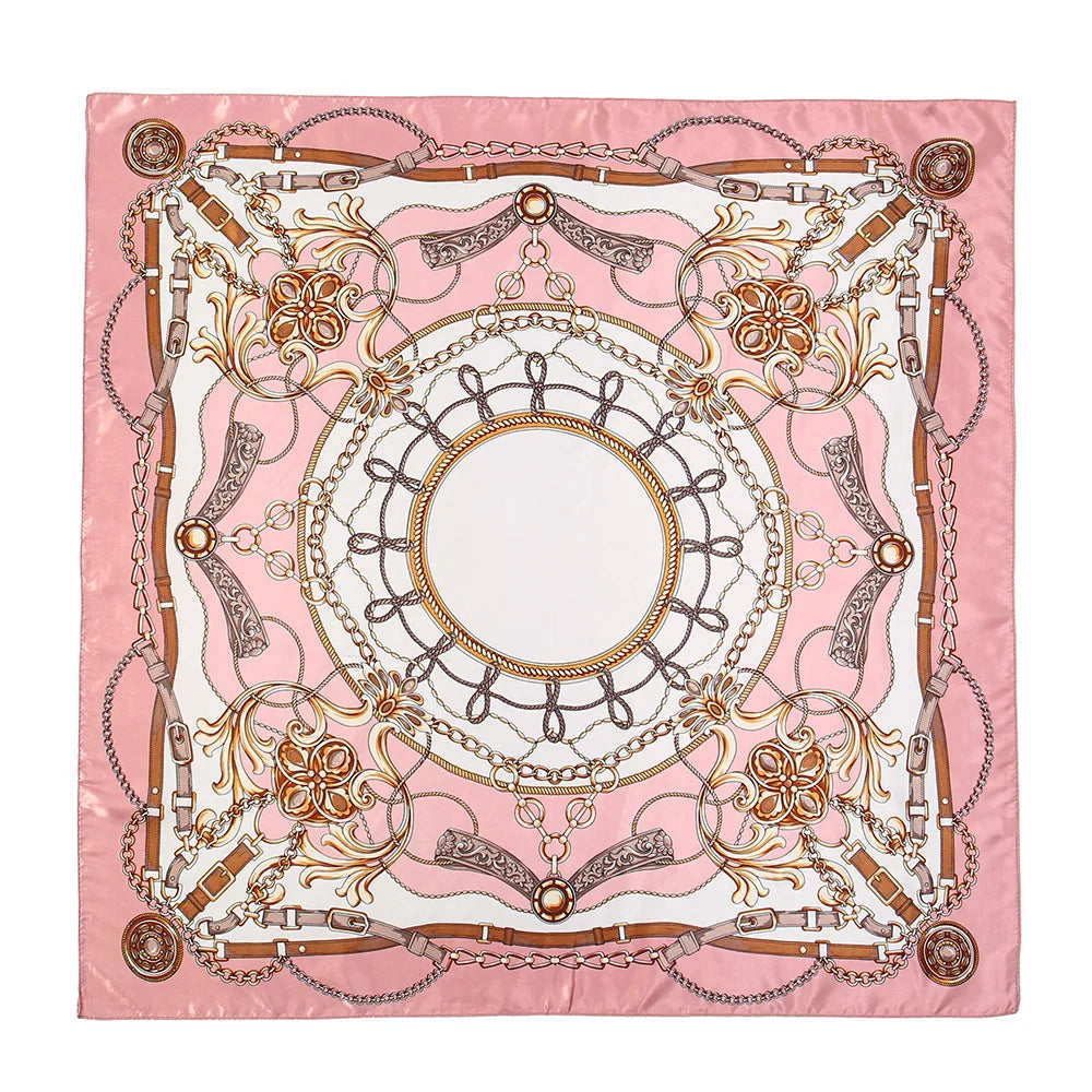 Lenço de Cetim Estampado Corrente 90x90 – Bandana Feminina Rosa